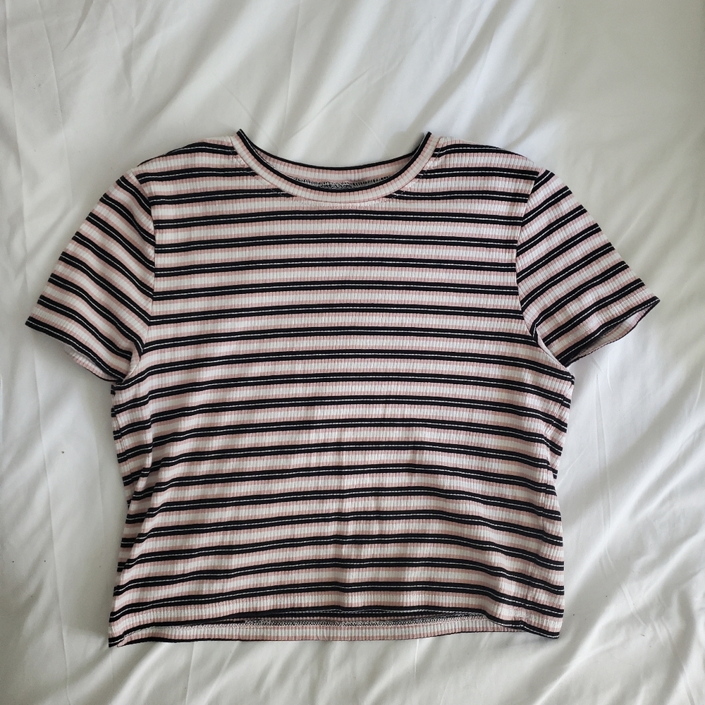 Black, Pink, and White Striped T-shirt